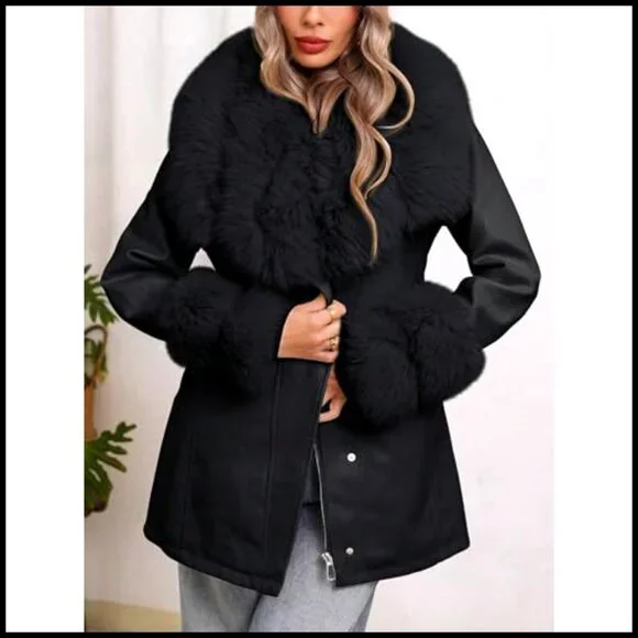 Faux Leather Jacket with Fur Collar Belted Moto Chic Winter Coat